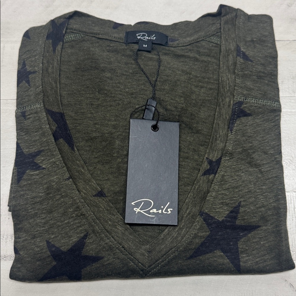 Rails Sami Drop Shoulder V-neck Linen Blend long sleeve Tee In Sage Black Stars